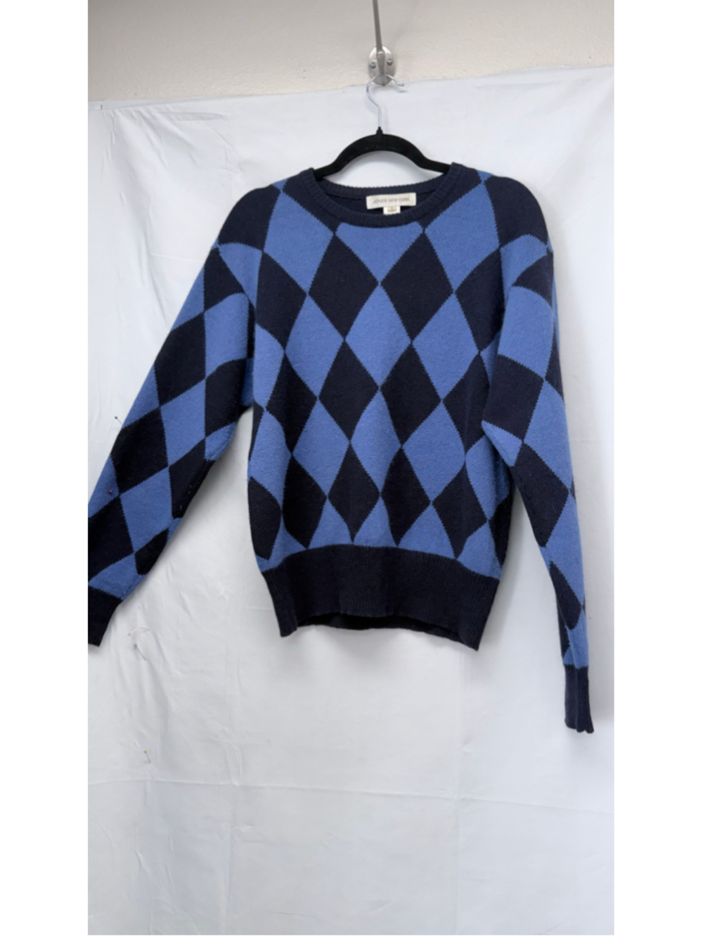 Women's Vintage Jones New York Argyle Sweater Size S Blue Black Crew Neck
